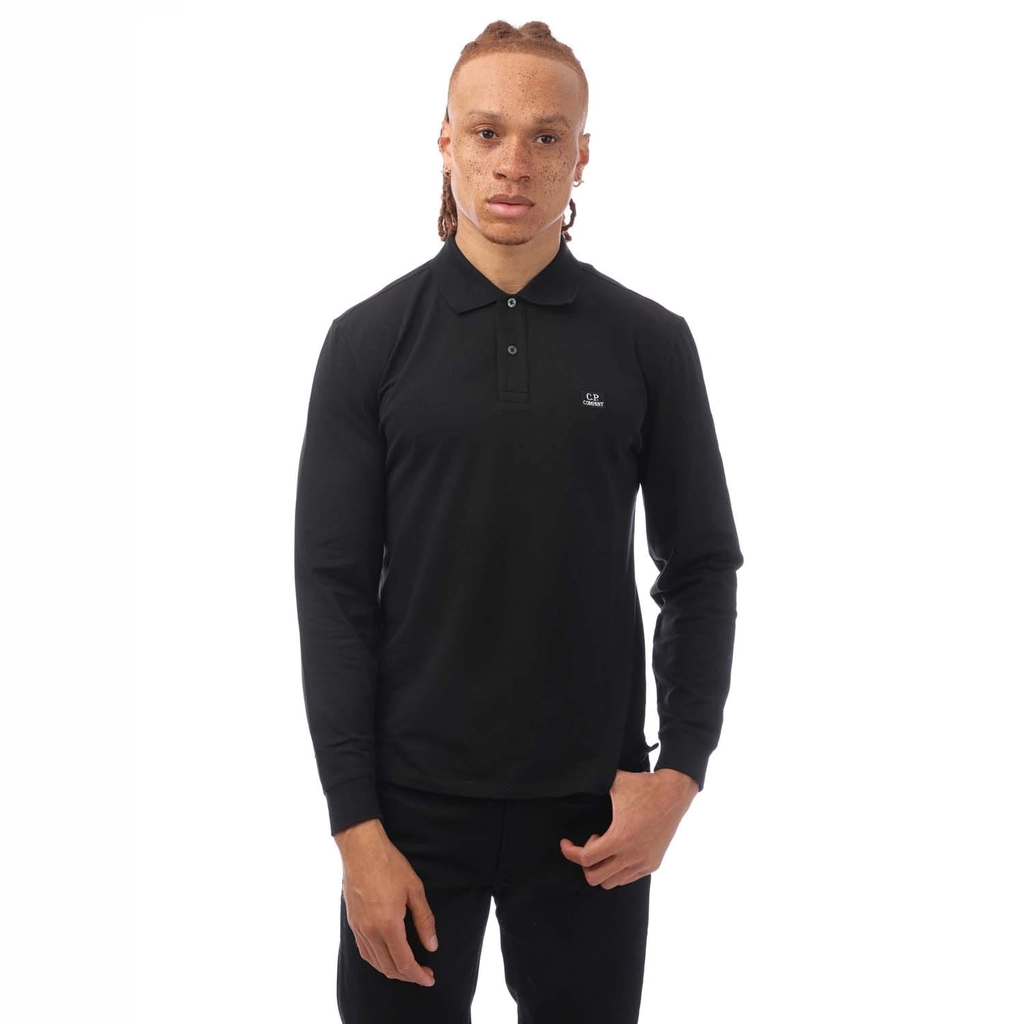 CP Company Mens Stretch Piquet Long Sleeved Polo Shirt in Black Cotton - Size Large